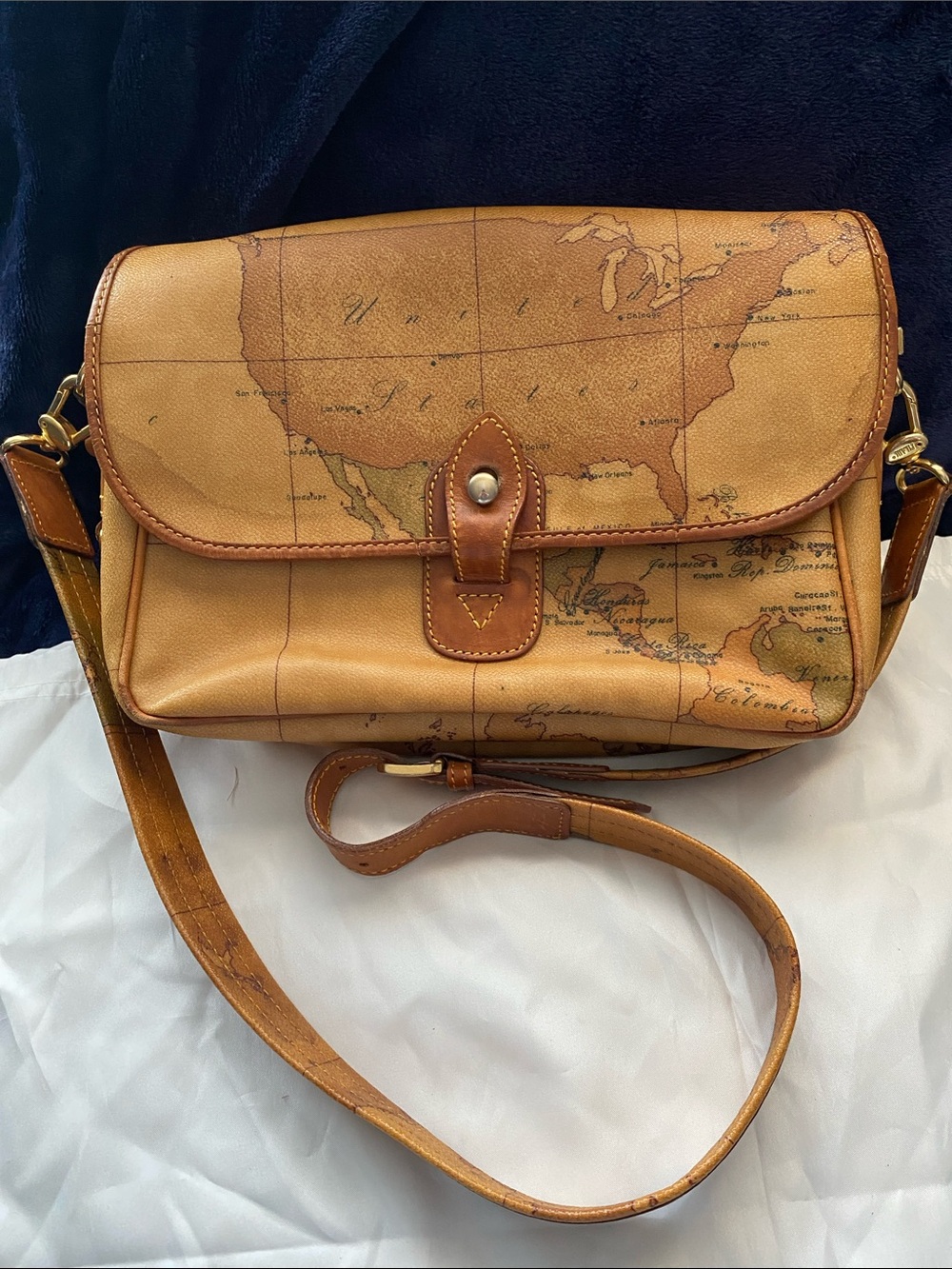 Alviero Martini Tan Map-Print Crossbody Bag with United States on the front